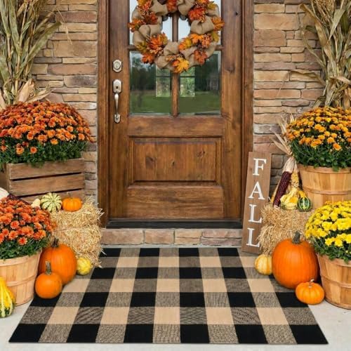 MUBIN Fall Decor Cotton Buffalo Plaid Rug, 27.5x43 Coffee Black Outdoor Rug Front Door Decorative Mat, Washable Doormat Foldable Area Rug Layered Door Mats Rug for Front Porch, Entryway, Patio by MUBIN
