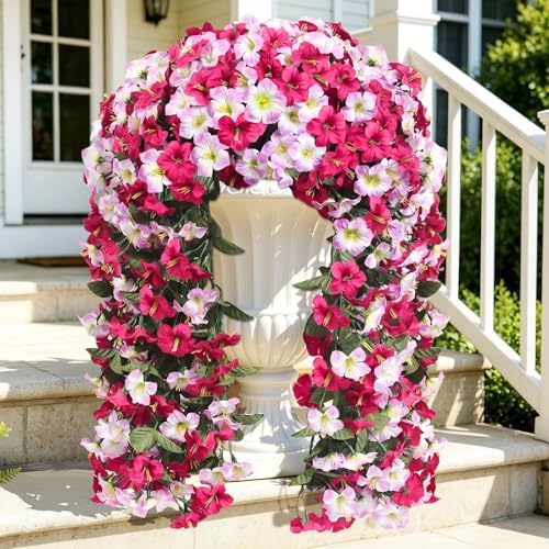 Artificial Hanging Flowers for Outdoors, 2 PCS 272 Blooms UV Resistant Morning Glory Faux Silk Vines, No-Odor Realistic Fake Plants for Garden Planter Porch Patio Decoration, Fuchsia Pink by JulakoOnline