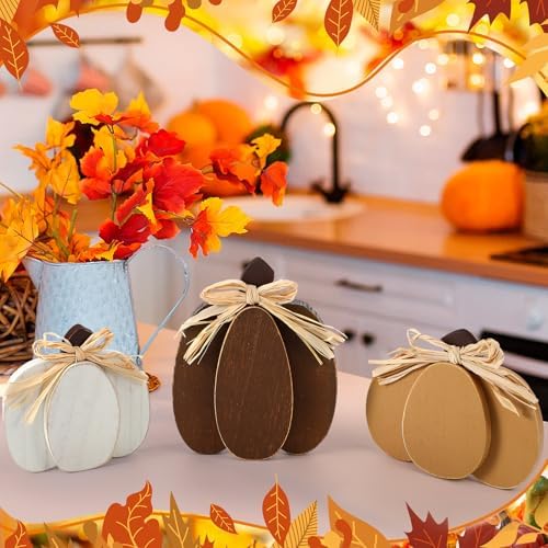 Ferraycle 3 Pcs Fall Pumpkin Decor, 3D Wooden Pumpkin Tabletop Decor - Image 6