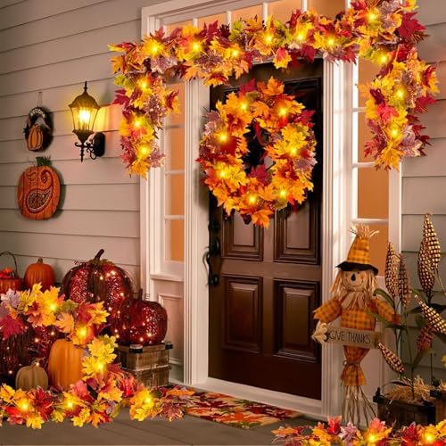 2Pcs Fall Maple Leaf Garland with Yellow Lights - Image 5