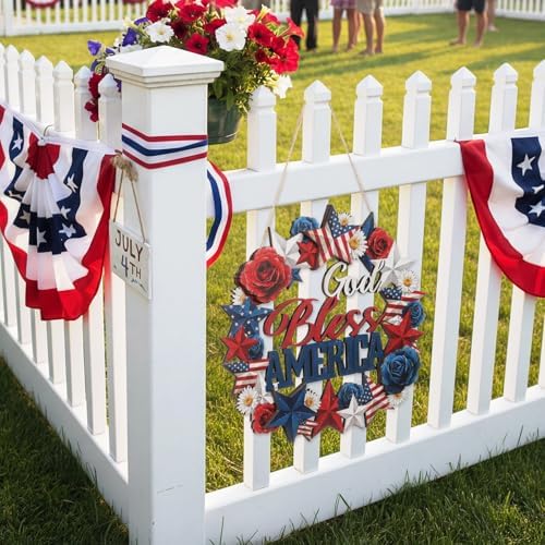 Yalikop 4th of July Wreaths Patriotic Decorations Wreaths for Front Door Wood Blue Red White God Bless America Sign Door Hanger Memorial Day Wreath Independence Day Porch Home Wall Decor - Image 3