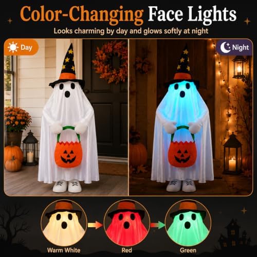 37" Outdoor Halloween Decorations Light Up Standing Ghost, Color Changing LED | Built-in Trick-or-Treat Candy Bag, Flexible Arms & Legs, Porch Yard Decorations, Indoor Outdoor Lighted Decor - Image 3