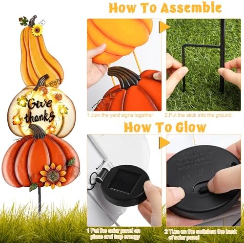 Fovths 42.3 Inch 3 Pieces Thanksgiving Metal Fall Pumpkins Garden Yard Sign, Giant LED Metal Thanksgiving Pumpkin Yard Sign Stakes, Waterproof Fall Harvest Pumpkin for Outdoor Lawn Decor - Image 4