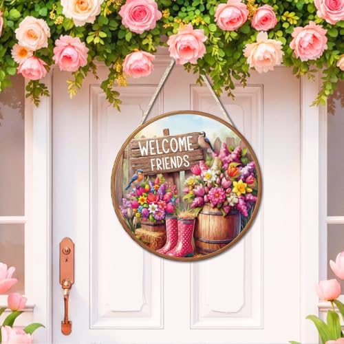 Welcome Friends Floral Wooden Hanging Front Door Sign Wall Decor - Image 3