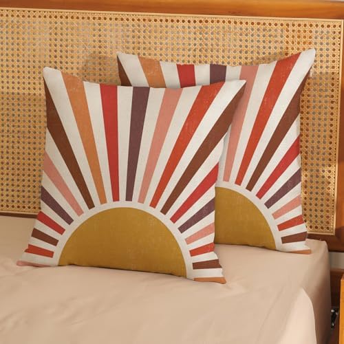 Summer Pillow Covers 18x18 Set of 2 Stripes Red Brown Yellow Sunshine Decorative Throw Pillows Summer Boho Outdoor Rainbow Sun Pillow Cases Cute Farmhouse Decor Cushion Case for Home Bedroom - Image 2