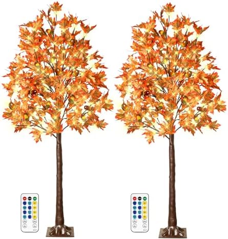 2 Pack 6FT 130 LED Lighted Maple Tree - Thanksgiving Decor Artificial Fall Tree with 13 Branches, 13 Acorns 260 Leaves, Remote 8 Modes, Timing, DC 5V Safe for Outdoor Wedding Party Autumn Decor by TiYiViRi