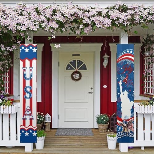 doginthehole 250th Anniversary USA Banner Set 12 x 71 Inch, Vertical Patriotic Hanging Banners, Statue of Liberty Eagle Porch Signs 4th of July Decorations Wall Porch Door Decor, Red White Blue by doginthehole