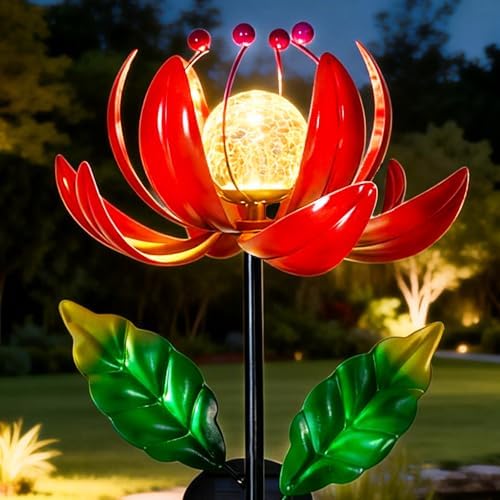 Solar Lights Outdoor Wind Spinners, Metal Lotus Flower Garden Decor with Waterproof LED Crackle Glass Globe for Patio Lawn Yard Outdoor Decor by SUCUY