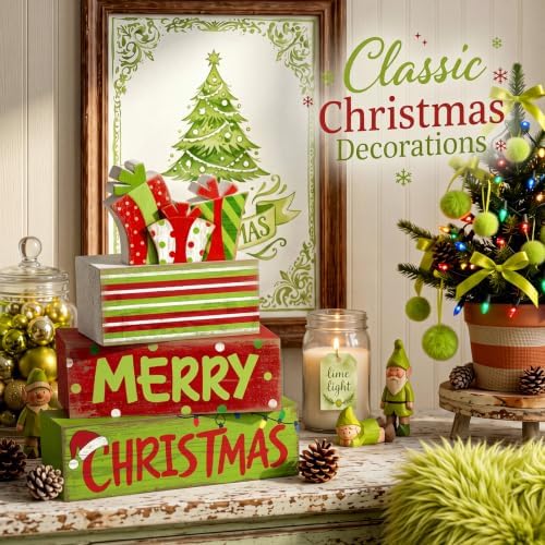 Lineshading 4 Pcs Christmas Table Decor - Red Green Gift Box Wooden Blocks - Image 2