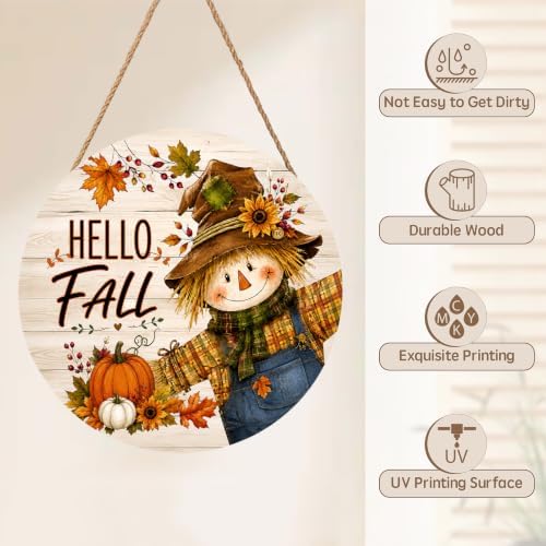 Hello Fall Sign for Front Door Decor Autumn Pumpkin Scarecrow Round Outdoor Hanging Wooden Door Sign for Porch Harvest Thanksgiving Home Wreath Hanger Sign for Outside Indoor Wall Decoration 12"X12" - Image 3
