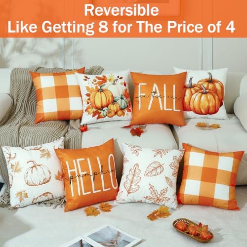 TOYPOPOR Fall Decorations for Home, 4 Packs Double Sided Throw Pillow Covers, Buffalo Plaid Thanksgiving Front Porch Farmhouse Cushion Cases Indoor Outdoor Autumn Decor for Couch, Living Room 16x16 - Image 7