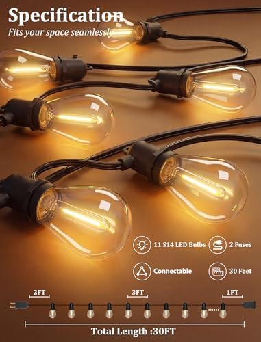S14 Outdoor String Lights 30FT with 11 Clear LED Bulbs, Black Wire - Image 2