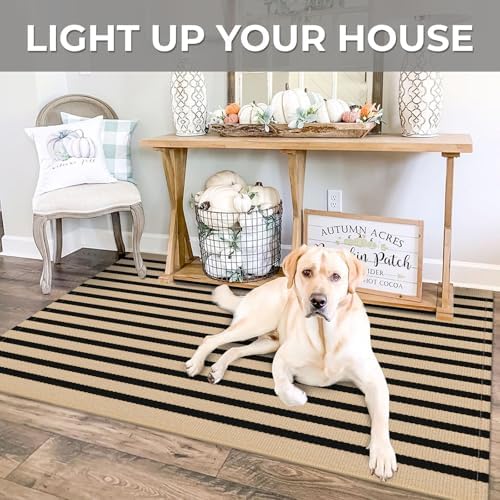 IOHOUZE 3x5 Striped Outdoor Rug, Washable Front Porch, Tan Black - Image 3