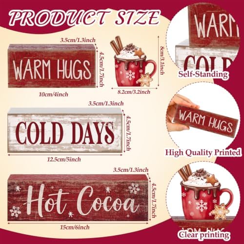 Lineshading 4 Pcs Wooden Hot Cocoa Block Signs Tiered Tray Decor with Mug - Image 5