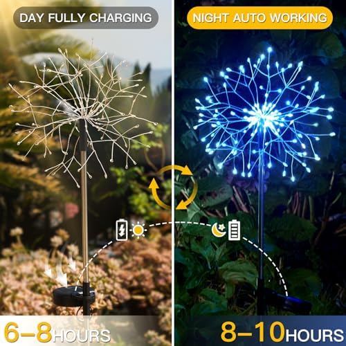 suddus Solar Garden Lights Outdoor Waterproof Decorative, 2Pack 150LED Firework Lights, Solar Fairy Lights for Yard, Garden, Party, Patio, Pathway, Flowerbed - Blue - Image 5