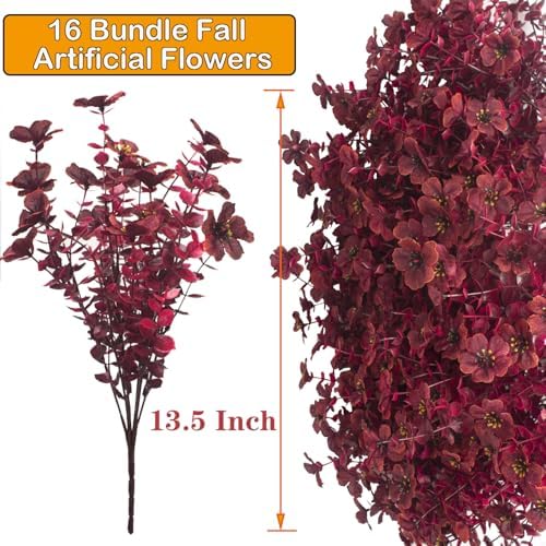 Grunyia 16 Bundles Artificial Boxwood Flowers Outdoor UV Resistant, 13.5" Fall Faux Greenery for Porch Planters Thanksgiving Decor - Fake Plants for Garden, Fireplace, Front Door(Wine Red) - Image 3