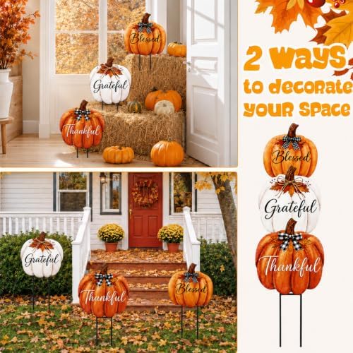 3Pcs Thanksgiving Outdoor Fall Decor Metal Pumpkin Yard Sign Porch Stake - Image 6