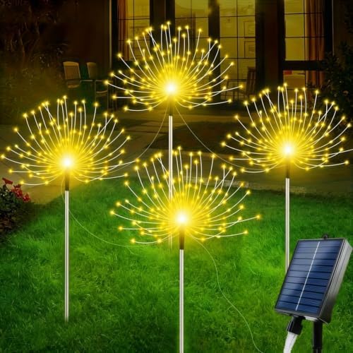 Solar Firework Garden Lights Outdoor, 4 Pack 240 LED Warm White Solar Firefly Lights with 8 Modes, Waterproof Solar Garden Decorative Lights for Yard Patio Pathway Lawn Flowerbed Backyard Decor by Unknown