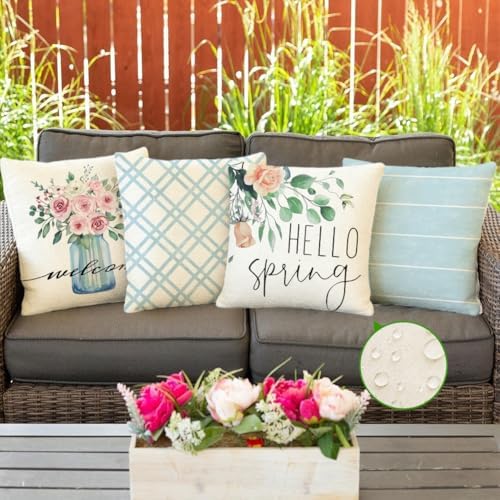 RABUSOFA Spring Summer Pillow Covers 20x20 Inch Set of 4 Waterproof Outdoor Spring Summer Decorations for Home,Blue Farmhouse Decor Throw Decorative Pillows for Couch Patio - Image 2