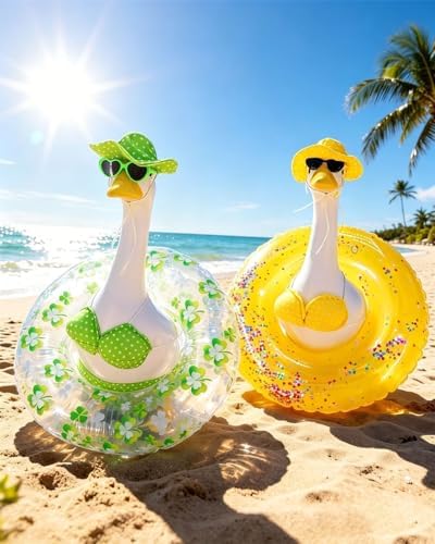 Bikini Porch Goose Outfits Summer Costume for 23" 17" Goose Statue, Swimsuit Set with Sunglasses, Swim Ring and Hat, Hawaiian Style for Garden Patio Lawn Yard Outdoor Decoration(Yellow) - Image 2