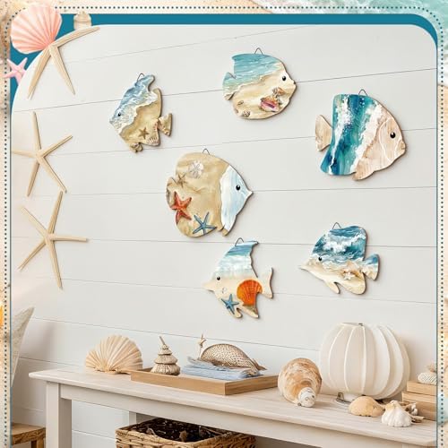 CroBlissful 6 Pcs Summer Fish Wall Decor Beach Coastal Wood Wall Art - Image 5