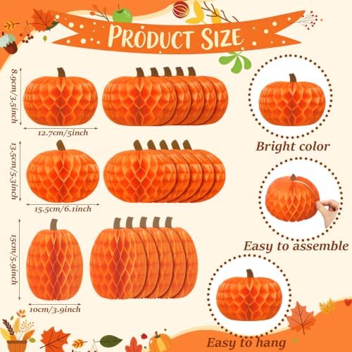 Gueevin 30 Pcs Fall Pumpkin Hanging Decorations Thanksgiving Pumpkin Honeycomb Balls Lanterns for Harvest Thanksgiving Party Supplies Indoor Outdoor Halloween Decor - Image 2