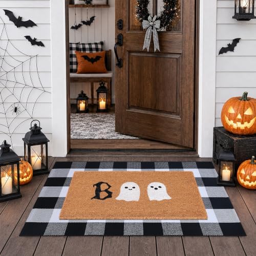 Halloween Door Mat Combo Set, Boo Ghost Coco Coir Welcome Doormat + 28" x 43" Black and White Plaid Rug, Autumn Halloween Front Porch Entryway Decor Floor Mat by Fallovea