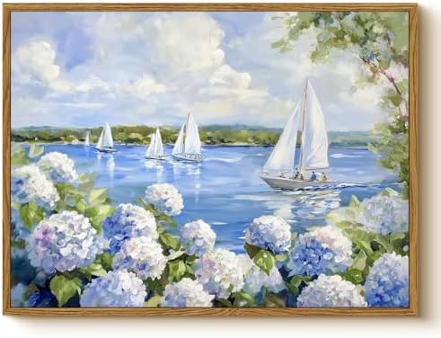 Vintage Blue Hydrangea Sailboat Framed Canvas Wall Art, 12x16 Summer Lake House Coastal Decor, Nautical Floral Landscape Painting Artwork for Living Room Bedroom Office Cottage Beach House by WHASAYART