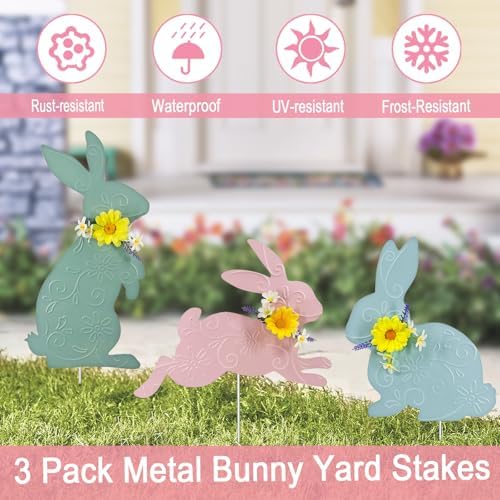 Easter Decorations Outdoor,3 Pack Metal Bunny Yard Sign Stakes for Outside,Pastel Rabbit Silhouettes Garden Decor for Lawn,Happy Easter Women Gifts - Image 3