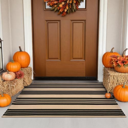 Fall Front Door Mat 24"x35", Cotton Washable Striped Outdoor Rug by Sungea