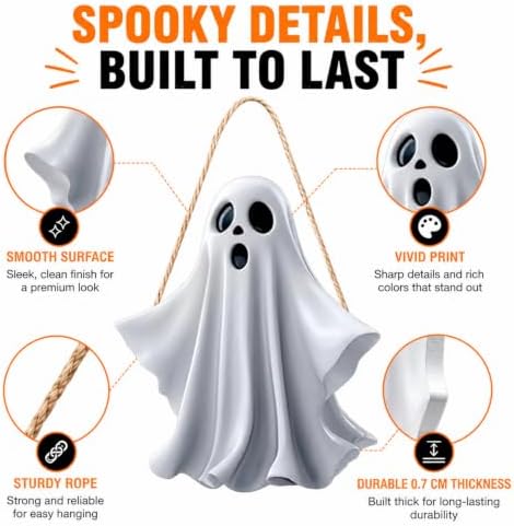Halloween Decoration 2D Wooden Ghost Door Halloween Wreath for Front Door Sign Wall Signs Decor, Ghost Wreaths Sign Hanging for Home Wall Decor Outdoor Indoor Farmhouse Party Supply - Image 5