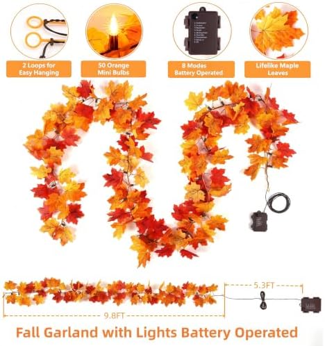 2Pack Fall Garland with Lights Battery Operated,9.8FT 50 Orange Bulbs Lighted Fall Leaves Garland,Fall Decorations for Home Thanksgiving,Halloween,Fireplace，Mantel,Porch,Table Decor Indoor Outdoor - Image 3