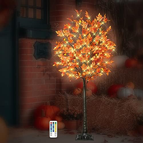 5FT 90LED Lighted Maple Tree - Thanksgiving Decor Artificial Tree with 9 Acorns 180 Leaves, Remote 8 Flashing Modes, Timing, Fall Tree for Outdoor Wedding Party Autumn Decor - Image 6