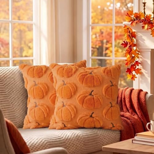 Fall Pillow Covers Pumpkin Fall Decor 16x16 Set of 2 Orange - Image 4