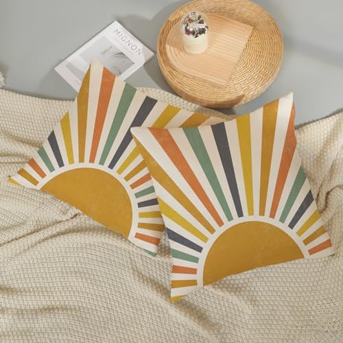 Summer Pillow Covers 16x16 Inch Set of 2, Stripes Yellow Sunshine Decorations Outdoor Throw Pillows Boho Summer Rainbow Sun Pillowcase Linen Decor Cute Farmhouse Cushion Case for Home Bedroom - Image 5
