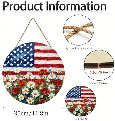 4th of July Patriotic American Flag Wooden Door Sign Round Hanging Wall Decor with Daisy Flowers Designs 2D Wood Independence Day Door Hanger Decoration for Home, Porch, Farmhouse - Image 2