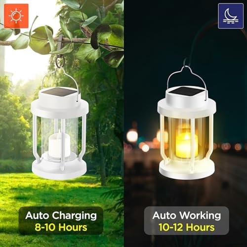 Solar Lantern Outdoor & Indoor Use – Hanging Solar Lights with Realistic Flickering Flameless Candle, Weatherproof for Gardens, Patios, Trees, and Lawns (White, 1 Pack) - Image 2