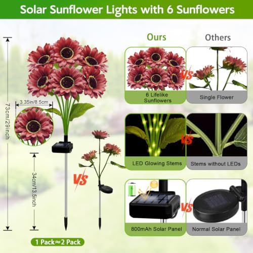 Solar Sunflower Lights Outdoor Garden Decor, 6 Pack Solar Brown Flowers Lights with 18 Sunflowers, Waterproof Fall Decor Stake Decorative Light Auto ON/Off for Garden Yard Patio, Gift for Women - Image 2