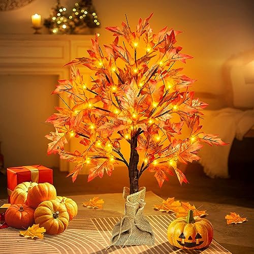 Remon 24 Inch Lighted Fall Maple Tree - 2FT Thanksgiving Tabletop Lamp Decor with 36 LED Lights, 72 Maple Leaves, 6 Acorns, Timer, Burlap Base, Battery Operated Fall Artificial Tree for Indoor - Image 6