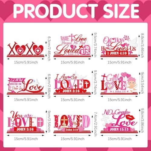 Amyhill 9 Pcs Valentine's Day Christian Wooden Table Decorations Centerpieces Religious Love Pink Red Heart Wooden Cross Sign Christian Vintage Valentines Decor for Home Shelf Block - Image 2