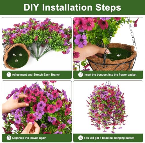 INQCMY Artificial Hanging Flowers with Basket for Spring Outdoor Decoration 3 Bunches of Silk Daisy Flower Uv Resistant for Garden Porch Patio Balcony Yard Decor (Purple Red) - Image 3