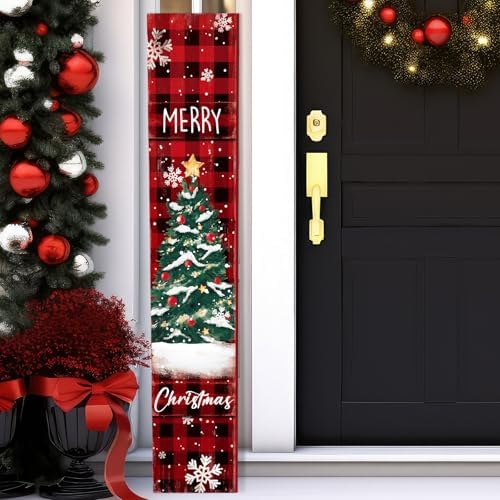 47" Christmas Porch Sign, Buffalo Plaid Wooden Door Hanger by Chitidr