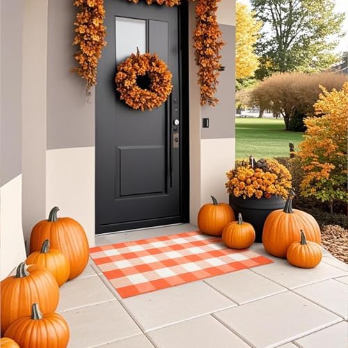 Fall Buffalo Plaid Rug 27.5x43 in, Orange White Indoor Outdoor Rug - Image 4
