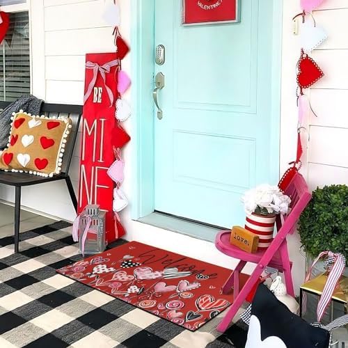 Valentine's Door Mat, Red Buffalo Plaid Love Hearts Leaves Indoor Outdoor Non-Slip Doormat, Entryway Front Porch Welcome Mat for Entrance Decor, 30" x 17" - Image 2