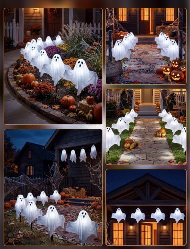 Halloween Ghost Pathway Lights 11.5FT, 4 White Glowing Ghost Garden Stakes - Image 7