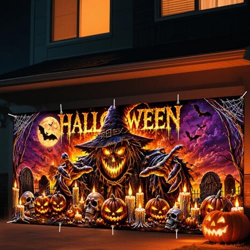 7 x 16 ft Harvest Scarecrow Halloween Garage Door Decorations Halloween decorations Witch Door Cover, Hanging Banner, Cauldron Backdrop Mural for Home - Image 3