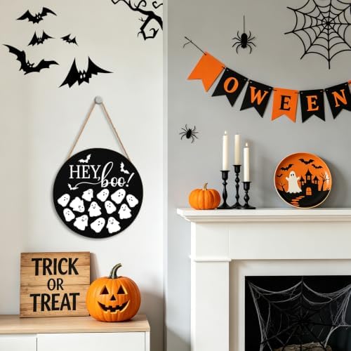 Hey Boo Sign 12x12 Inch Halloween Wreaths for Front Door Halloween Ghost Wood Door Hanger Black Boo Sign Farmhouse Holiday Decorations Wall Hanging Plaque for Trick or Treat Party Inside Outside - Image 7