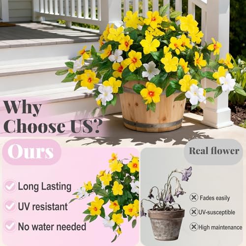 INXUGAO Artificial Hanging Faux Flowers for Outdoors Planters 2PCS Fake Flowers Silk Hibiscus Flowers for Outside Outdoor Faux Hanging Plants UV Resistant Spring Home Front Porch Decoration - Image 3