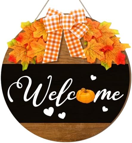 Moucuny Fall Welcome Door Sign, Wooden Thanksgiving Wreath with Bow by Moucuny