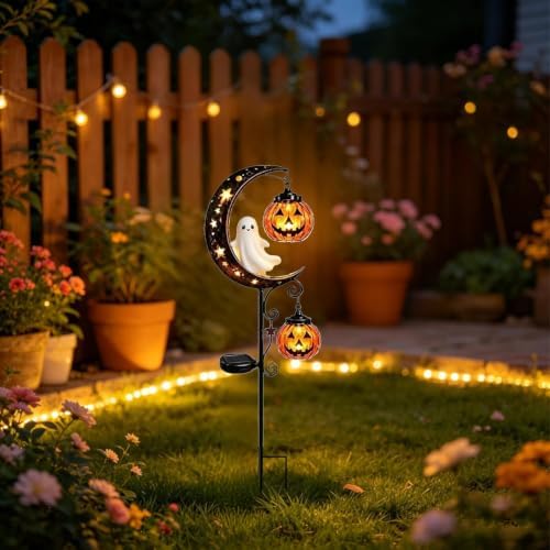 Solar Halloween Black Cat Garden Stake Light – Metal Crescent Moon & Pumpkin Lantern Yard Decor, Auto On/Off Waterproof LED Landscape Lighting for Patio Lawn Pathway (D) - Image 6